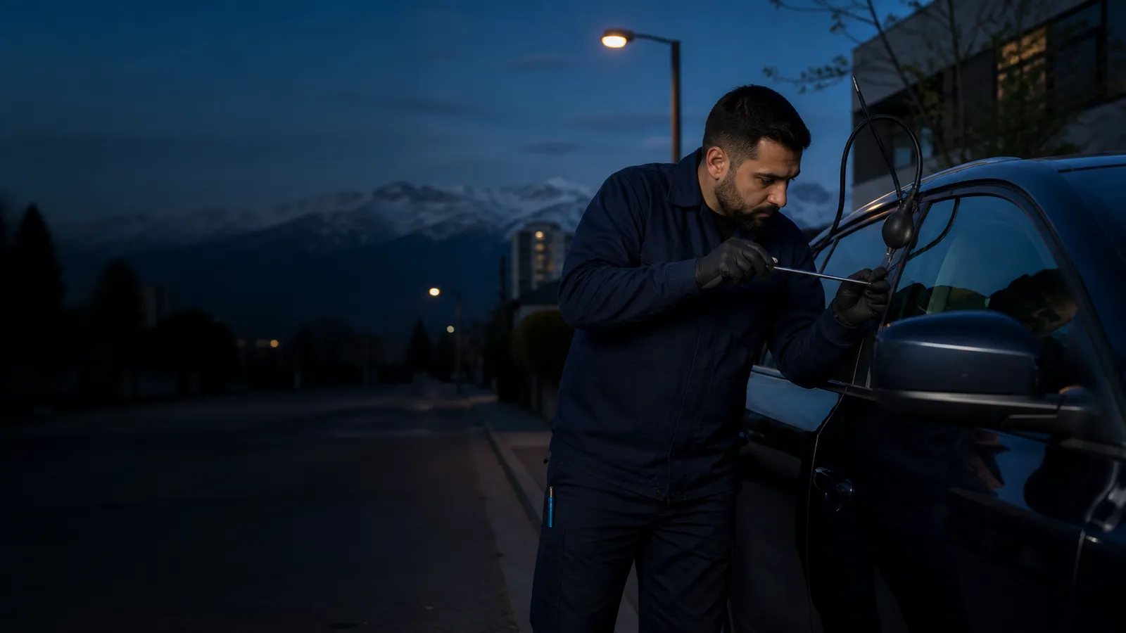 Cerrajero abriendo un auto sin daños en una calle de Santiago