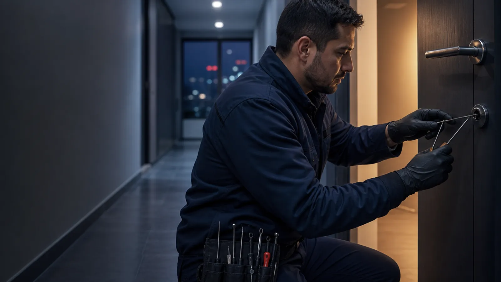 Cerrajero instalando una cerradura nueva en una puerta residencial
