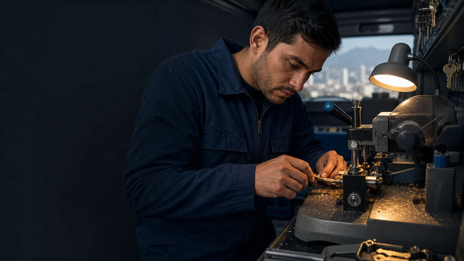 Cerrajero realizando una copia precisa de llave en una máquina profesional
