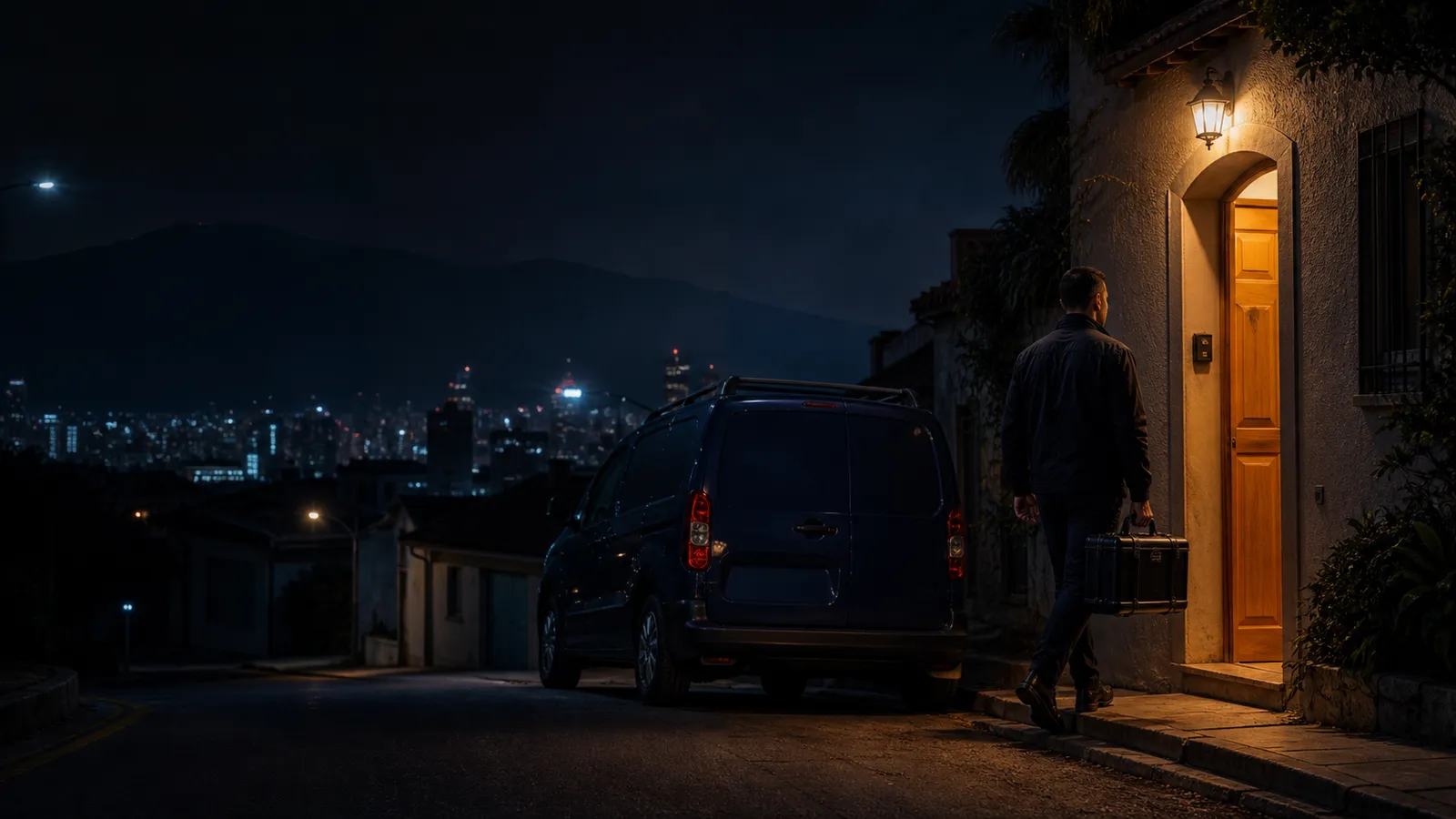 Cerrajero de emergencia llegando a un domicilio de Santiago durante la noche